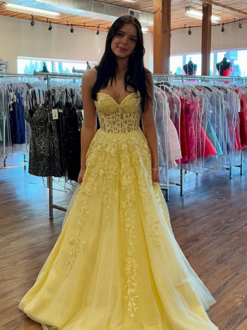 A Line Strapless Yellow Lace Long Prom Dresses, A Line Strapless Yellow Lace Long Formal Graduation Evening Dresses