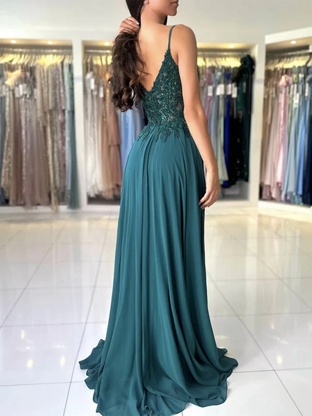 A Line V Neck Dark Green Lace Prom Dresses, A Line V Nec Dark Green Lace Formal Evening Dresses