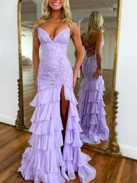 Mermaid V Neck Backless  Lilac Lace Long Prom Dresses With High Slit,  Mermaid Lilac Formal Evening Dresses