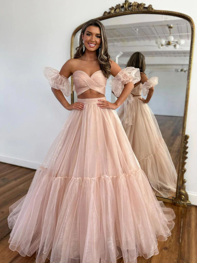 A Line Sweetheart Neck Two Pieces Pink Tulle Long Prom Dresses, 2