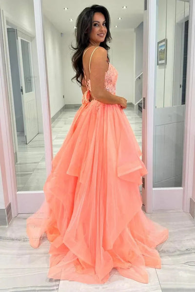 A Line V Neck Open Back Coral Lace Long Prom Dresses, Fluffy Backless Coral Lace Formal Evening Graduation Dresses