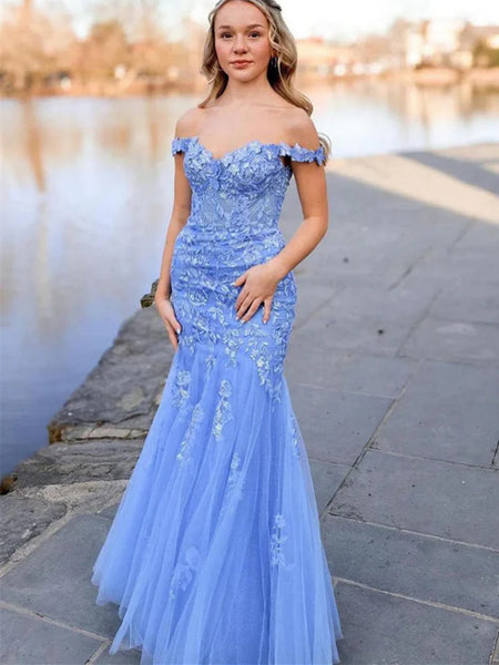 Off The Shoulder Mermaid Blue Lace Long Prom Dresses, Off Shoulder Mermaid Blue Lace Formal Evening Dresses