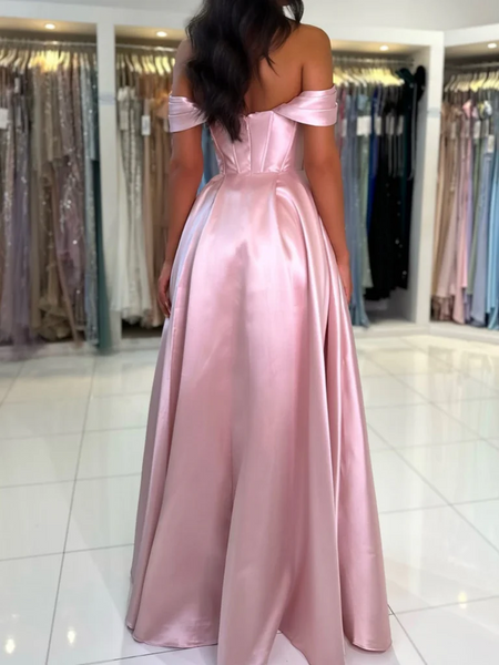 Off Shoulder Pink Satin Long Prom Dresses, Off the Shoulder Pink Long Formal Evening Dresses