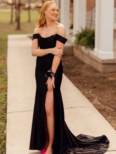 Off Shoulder Black Mermaid Long Prom Dresses, Off The Shoulder Black Mermaid Formal Evening Dresses