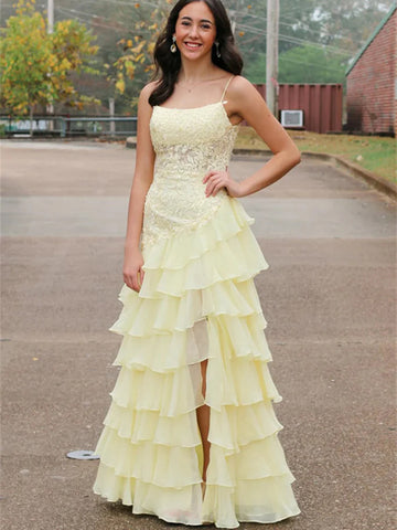 Elegant Layered Yellow Lace Long Prom Dresses with High Slit, Layered Yellow Lace Long Formal  Evening Graduation Dresses