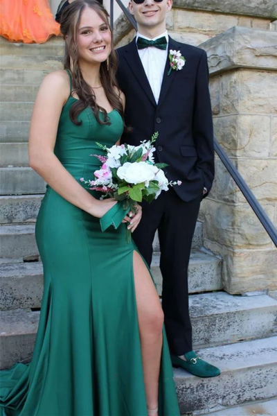 Mermaid Backless Green Satin Long Prom Dresses With High Slit , Mermaid Backless Green Formal Graduation Evening Dresses