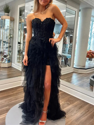 Princess Strapless Beaded Black Lace Ruffle Tulle Long Prom Dresses with High Slit, Beaded Black Lace Ruffle Formal Evening Dresses