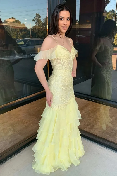 Off The Shoulder Mermaid Yellow Lace Long Prom Dresses, Layered Yellow Lace Mermaid Formal Evening Dresses