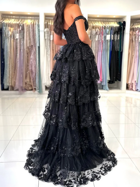 Off  Shoulder Black Lace Layered Long Prom Dresses, Off the Shoulder Black Lace Layered Long Formal Evening Dresses