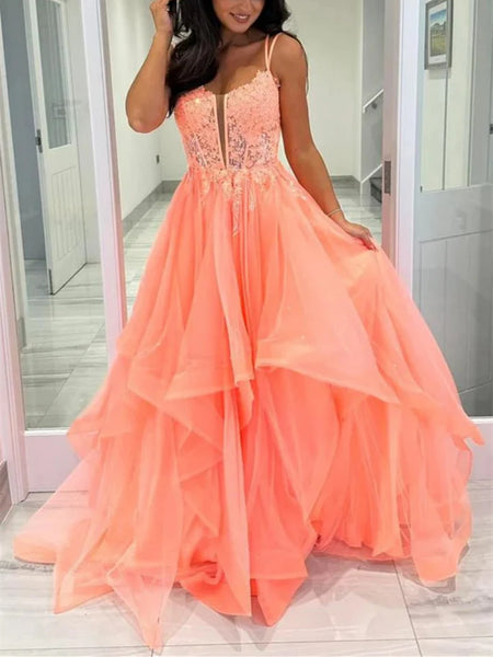 A Line V Neck Open Back Coral Lace Long Prom Dresses, Fluffy Backless Coral Lace Formal Evening Graduation Dresses