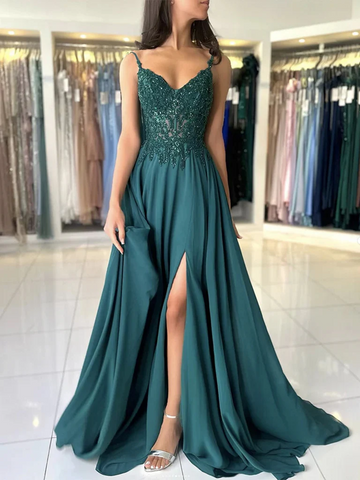 A Line V Neck Dark Green Lace Prom Dresses, A Line V Nec Dark Green Lace Formal Evening Dresses