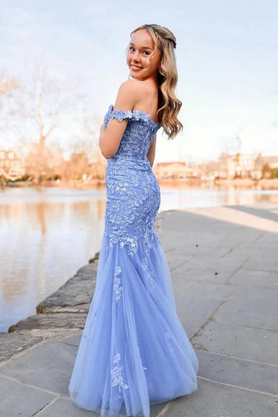 Off The Shoulder Mermaid Blue Lace Long Prom Dresses, Off Shoulder Mermaid Blue Lace Formal Evening Dresses