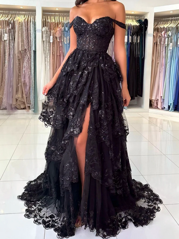 Off  Shoulder Black Lace Layered Long Prom Dresses, Off the Shoulder Black Lace Layered Long Formal Evening Dresses