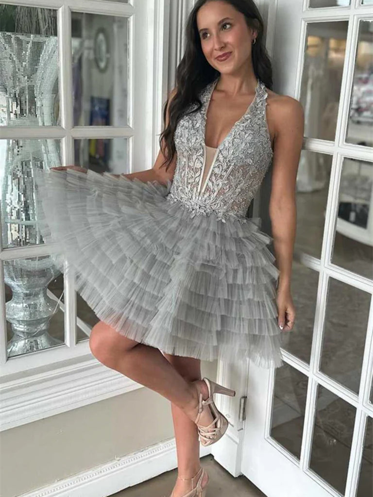 Cute V Neck Ruffle Grey Lace Prom Dresses, Short V Neck Ruffle Grey Lace Formal Graduation Evening Homecoming Dresses