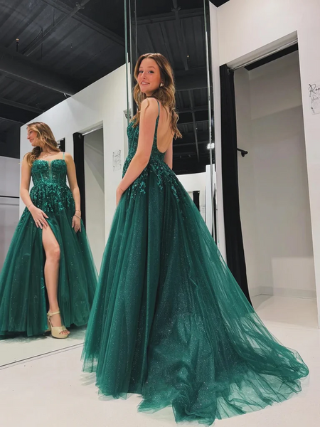 A Line V Neck Backless Green Lace Long Prom Dresses with High Slit, Green Lace Backless Formal Evening Graduation Dresses