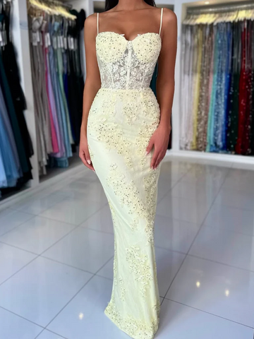 Sweetheart Neck Yellow Mermaid Lace Prom Dresses, Sweetheart Neck Mermaid Lace Yellow Formal Evening Dresses