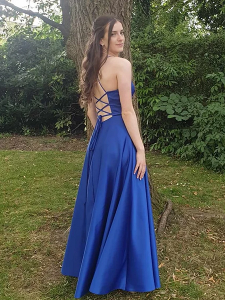 A Line V Neck Open Back Royal Blue Long Prom Dresses, Royal Blue Backless Long Formal Evening Dresses