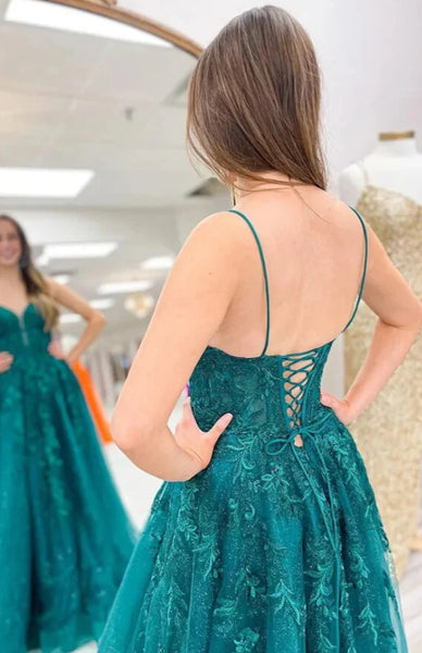 Sparkly Emerald Green Lace Long Prom Dresses ,A Line Spaghetti Straps Emerald Green Lace Formal Evening Dresses