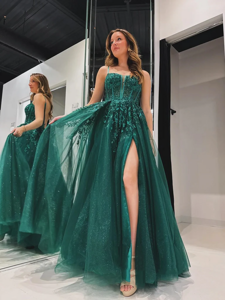 A Line V Neck Backless Green Lace Long Prom Dresses with High Slit, Green Lace Backless Formal Evening Graduation Dresses