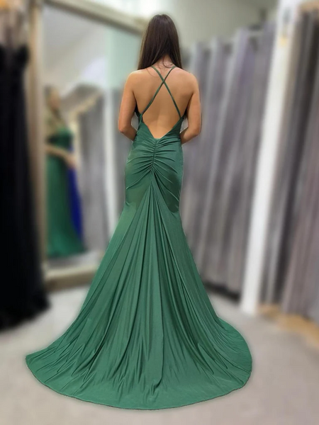 Green Satin Mermaid Backless Long Prom Dresses, Mermaid Green Long Formal Evening Dresses