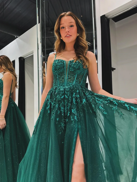 A Line V Neck Backless Green Lace Long Prom Dresses with High Slit, Green Lace Backless Formal Evening Graduation Dresses