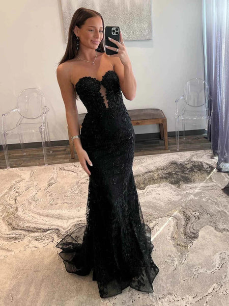 Strapless Mermaid Black Lace Long Prom Dresses, Mermaid Black Lace Formal Evening Dresses