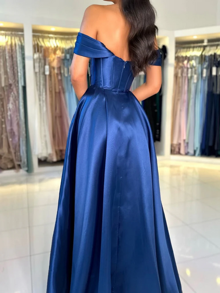 Off the Shoulder Royal Blue Satin Long Prom Dresses, Royal Blue Off Shoulder Long Formal Evening Dresses