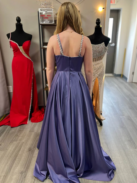 A Line Backless Purple Beaded Satin Long Prom Dresses with Pocket, Beaded Open Back Purple Formal Evening Dresses