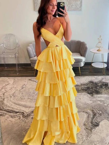 A Line V Neck Yellow Red Open Back Long Prom Dresses, V Neck Red Yellow Backles  Formal Evening Dresses