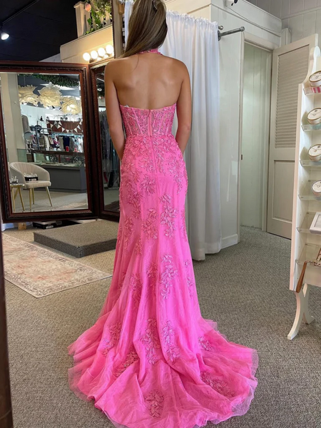 Halter Neck Hot Pink Mermaid Lace Prom Dresses, Mermaid Hot Pink Lace Formal Evening Dresses