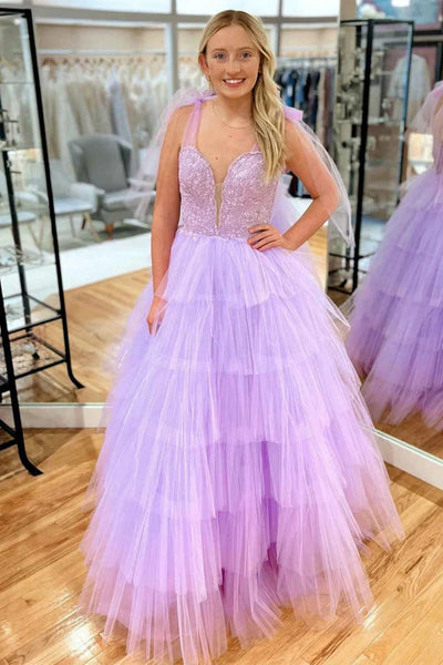 A Line V Neck Layered Lavender Lace Long Prom Dresses, Lilac Lace Tulle Layered Long Formal Evening Dresses