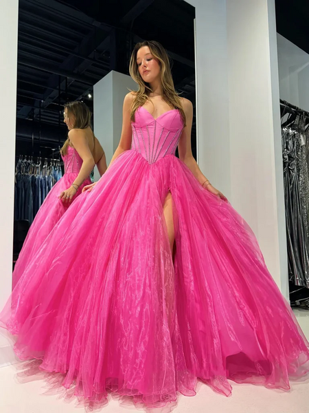 Strapless Hot Pink Tulle Long Prom Dresses with High Slit, A Line Long Hot Pink Formal  Evening Graduation Dresses