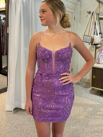 V Neck Sequins Backless Purple Lace Prom Dresses, Sequins Purple Lace Short Formal Evening Homecoming Dresses