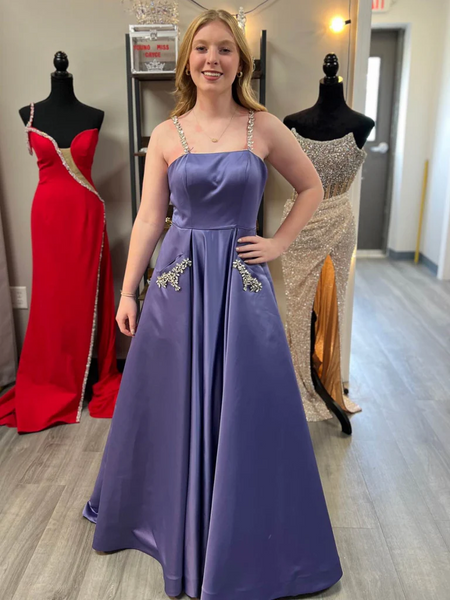 A Line Backless Purple Beaded Satin Long Prom Dresses with Pocket, Beaded Open Back Purple Formal Evening Dresses