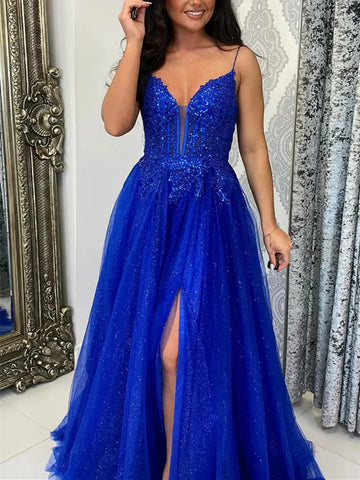 A Line V Neck Backless Royal Blue Lace Long Prom Dresses with High Slit, Royal Blue Lace Shiny Formal Evening Dresses