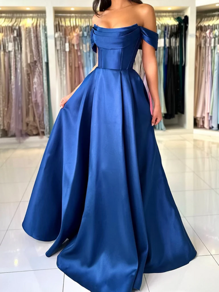 Off the Shoulder Royal Blue Satin Long Prom Dresses, Royal Blue Off Shoulder Long Formal Evening Dresses