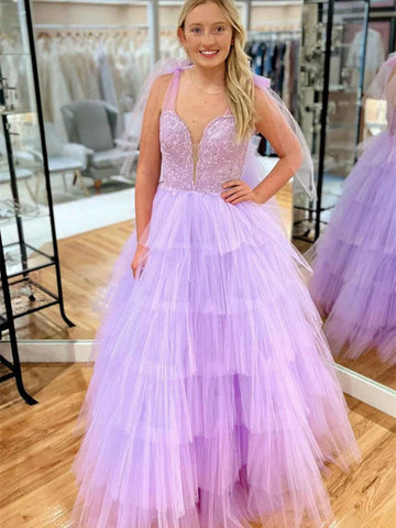 A Line V Neck Layered Lavender Lace Long Prom Dresses, Lilac Lace Tulle Layered Long Formal Evening Dresses
