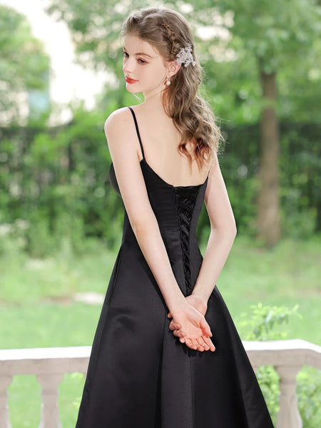 A Line V Neck Tea Length Satin Black Prom Dresses,  A Line V Neck Tea Length Satin Black Formal Evening Homecoming Dresses