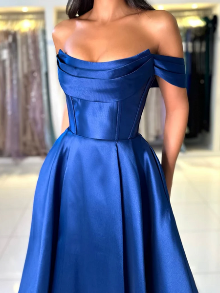 Off the Shoulder Royal Blue Satin Long Prom Dresses, Royal Blue Off Shoulder Long Formal Evening Dresses