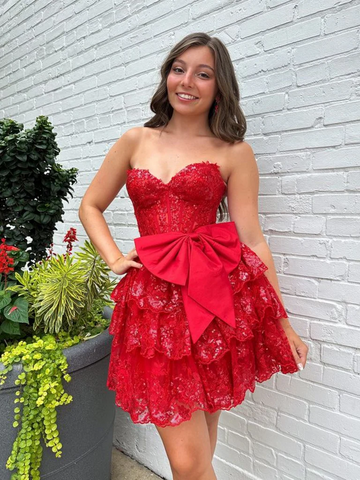 Strapless Sweetheart Neck  Layered Red Lace Prom Dresses, Short Red Lace Formal Graduation Evening Dresses