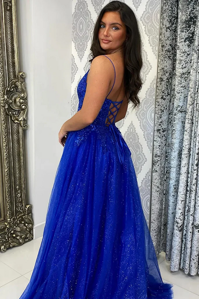 A Line V Neck Backless Royal Blue Lace Long Prom Dresses with High Slit, Royal Blue Lace Shiny Formal Evening Dresses