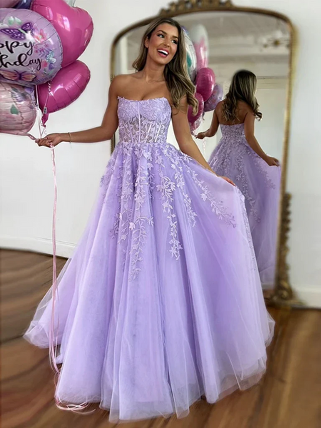 Strapless Purple Lace Tulle Long Prom Dresses, Long Purple Lace Formal Evening Dresses