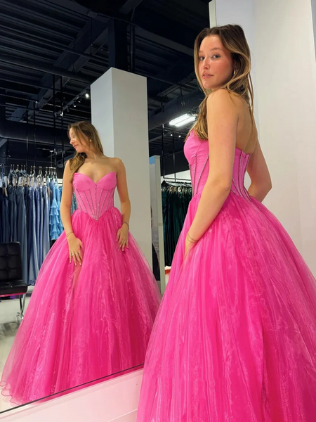 Strapless Hot Pink Tulle Long Prom Dresses with High Slit, A Line Long Hot Pink Formal  Evening Graduation Dresses