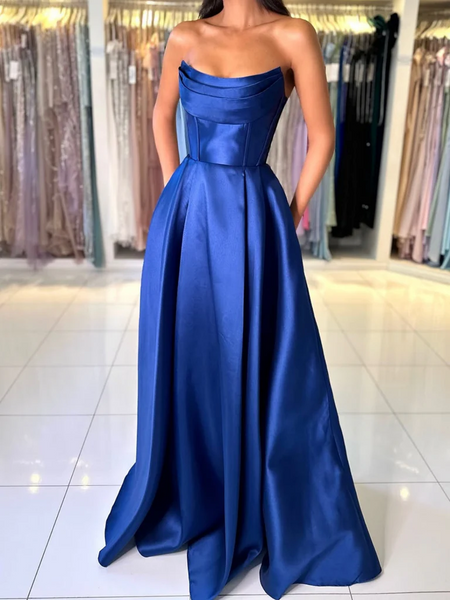 Off the Shoulder Royal Blue Satin Long Prom Dresses, Royal Blue Off Shoulder Long Formal Evening Dresses