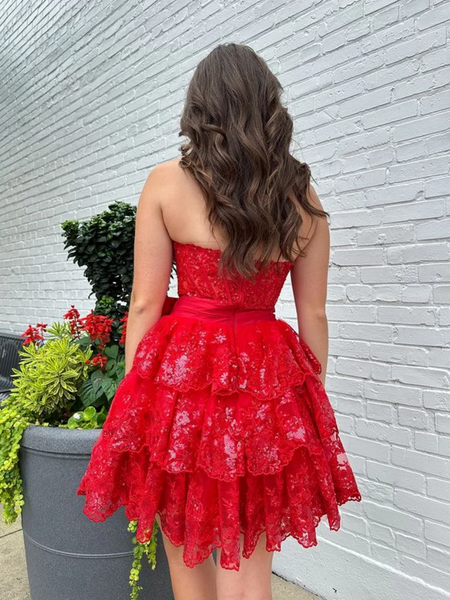 Strapless Sweetheart Neck  Layered Red Lace Prom Dresses, Short Red Lace Formal Graduation Evening Dresses