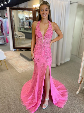 Halter Neck Hot Pink Mermaid Lace Prom Dresses, Mermaid Hot Pink Lace Formal Evening Dresses