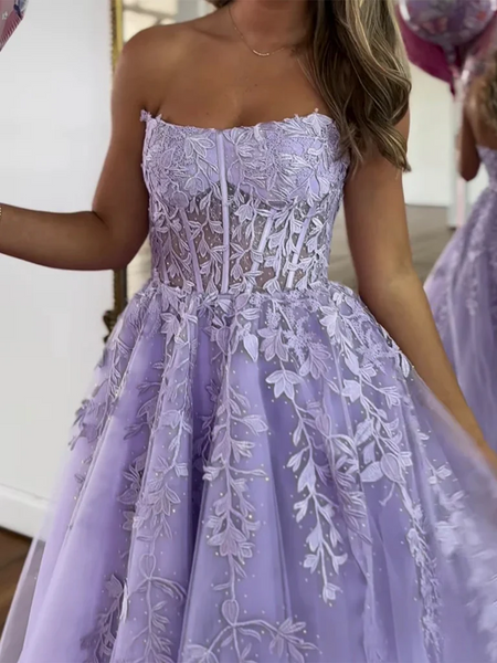 Strapless Purple Lace Tulle Long Prom Dresses, Long Purple Lace Formal Evening Dresses