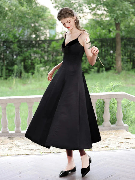 A Line V Neck Tea Length Satin Black Prom Dresses,  A Line V Neck Tea Length Satin Black Formal Evening Homecoming Dresses