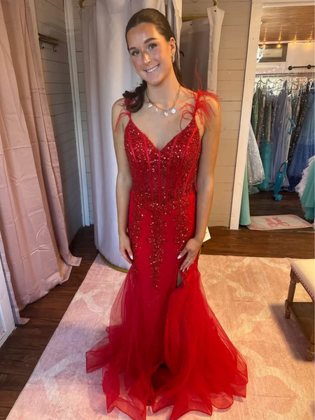 V Neck Backless Mermaid Red Lace Long Prom Dresses with High Slit, Mermaid Lace Red Formal Evening Dresses