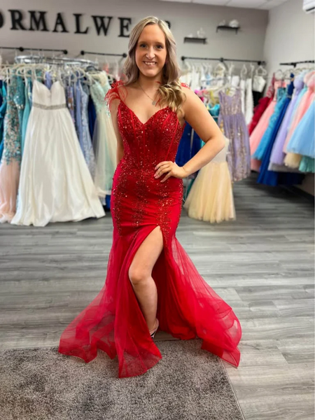 V Neck Backless Mermaid Red Lace Long Prom Dresses with High Slit, Mermaid Lace Red Formal Evening Dresses